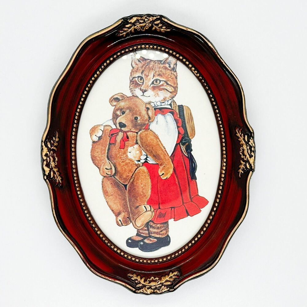 Vintage Framed Cat Postcard School Teddy Bear Kitschy Retro